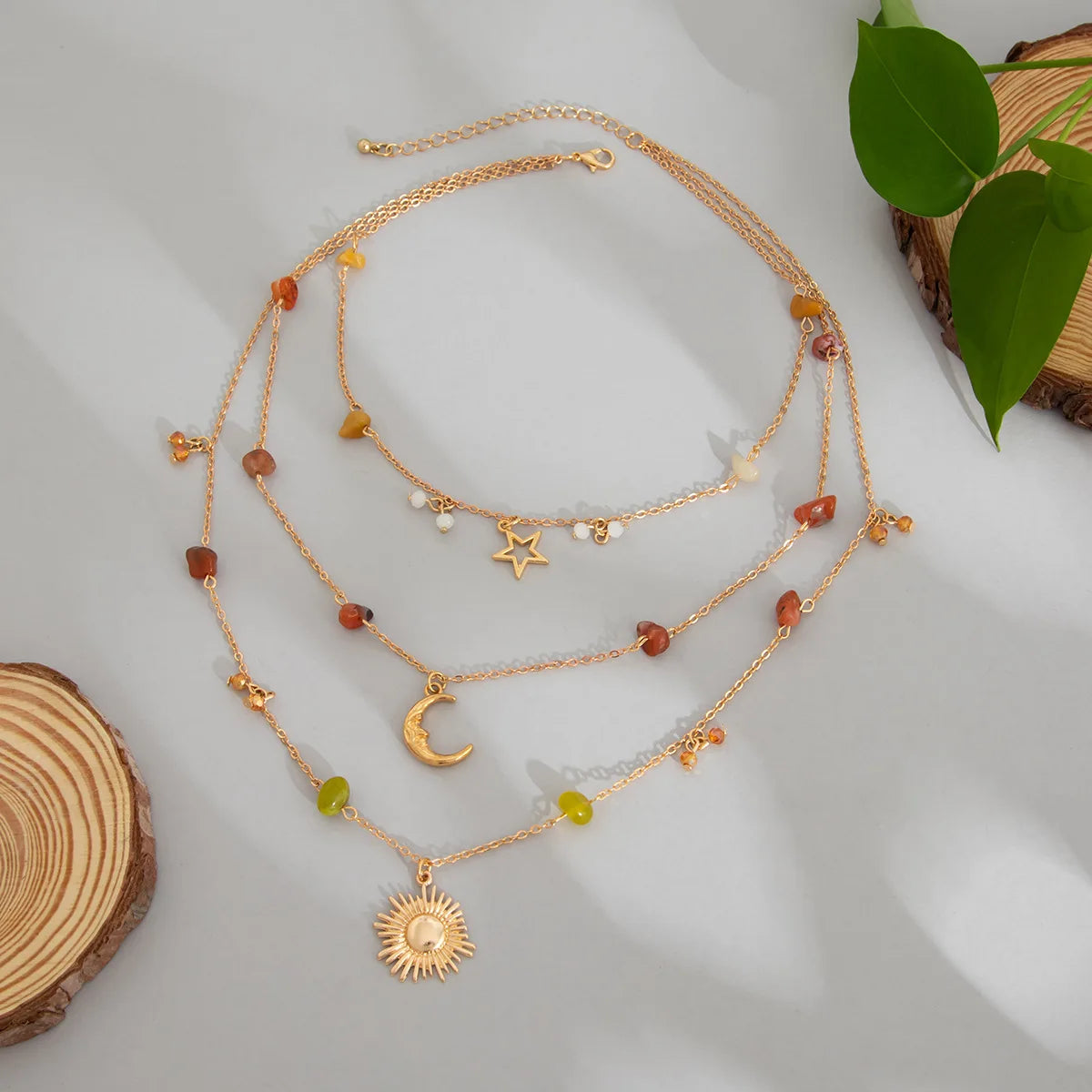Colar Vintage Feminino Estrela Lua Sol Metal Dourado Pedra Colorida