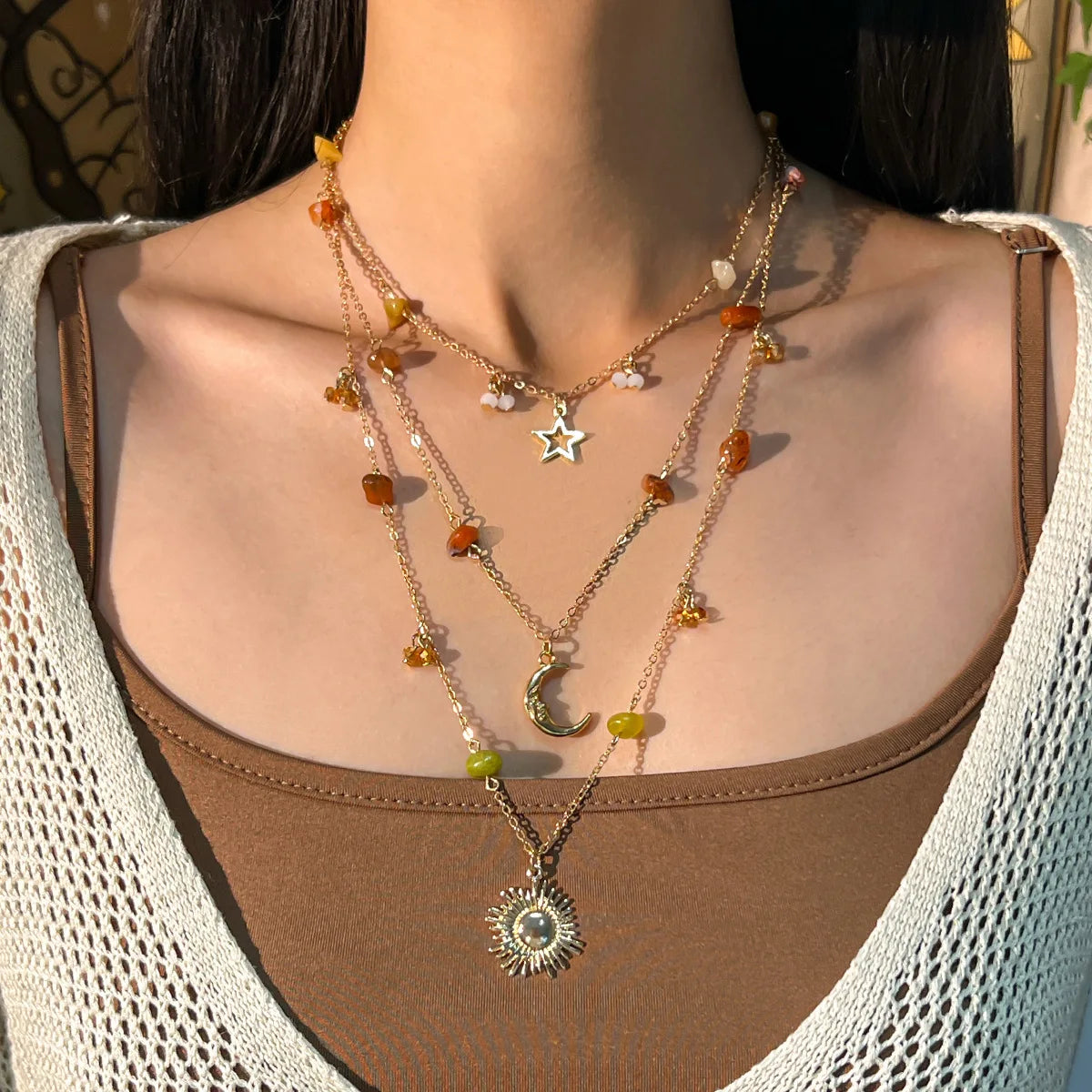 Colar Vintage Feminino Estrela Lua Sol Metal Dourado Pedra Colorida